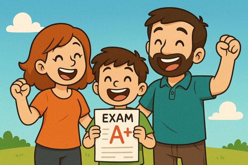 Cartoon image of boy collecting GCSE grades with his parents