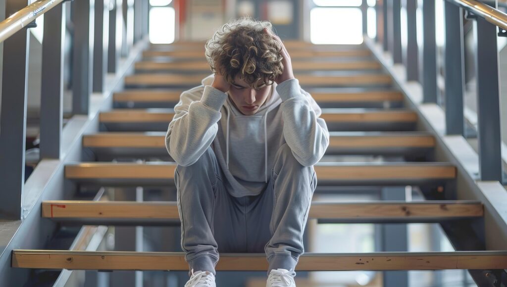 teenage boys at on stairs after getting disappointing exam grades