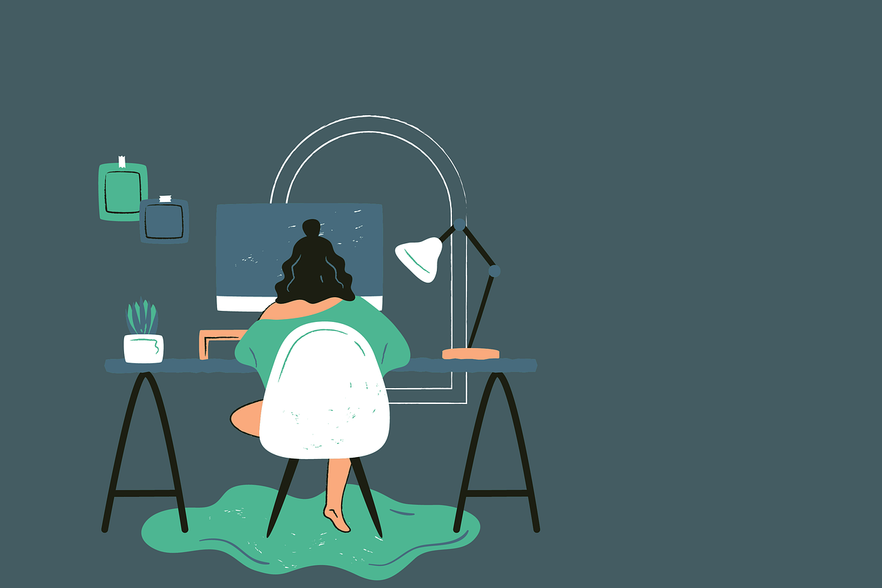 girl revising in bedroom using study skills - cartoon