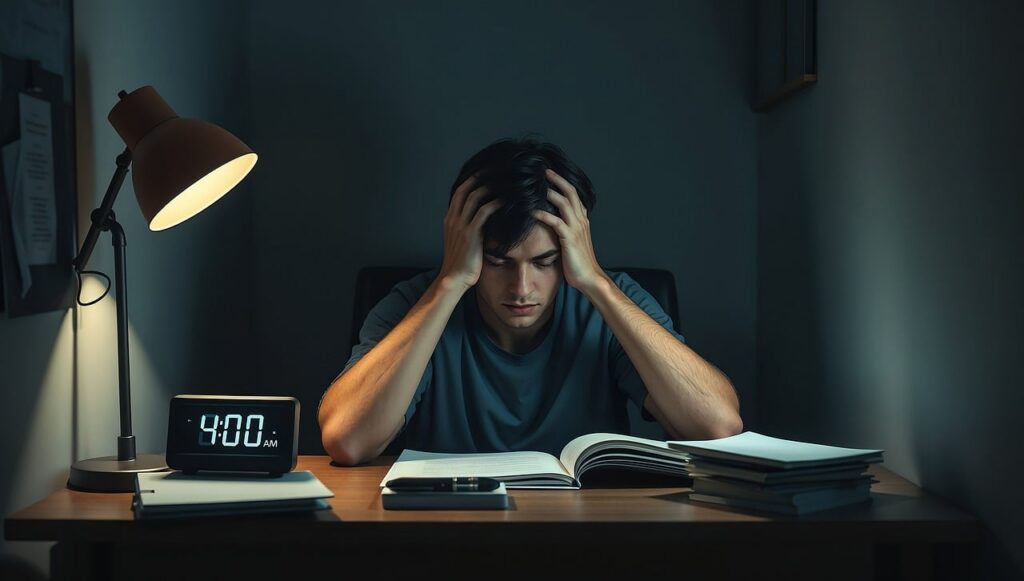 AI generated image of boy cramming revision on all-nighter study session