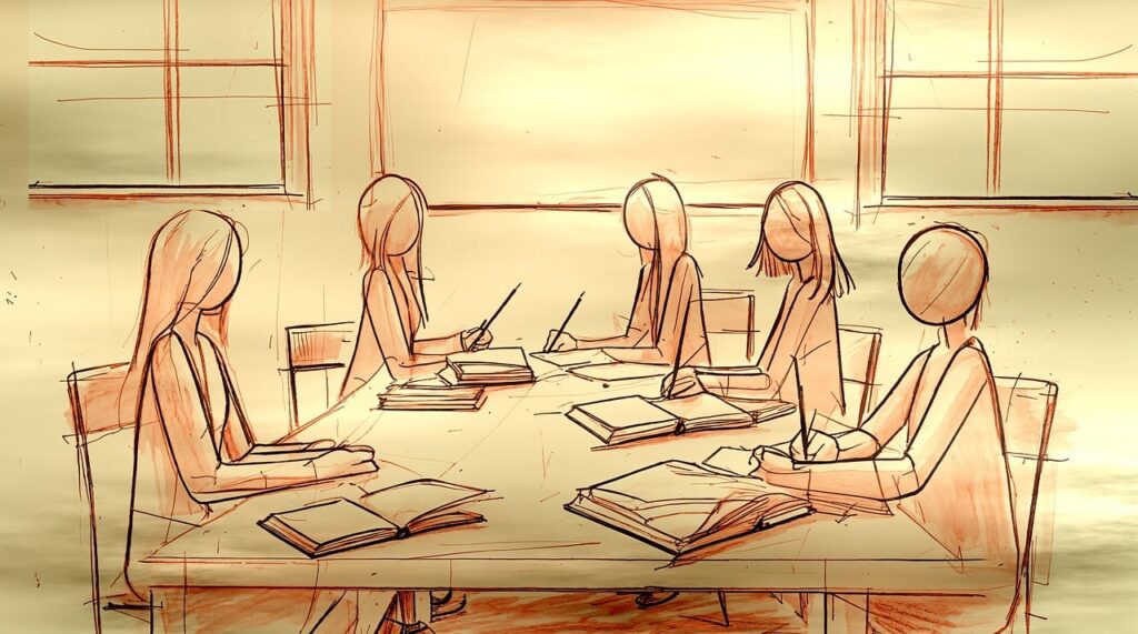 students sitting in exam masterclass - cartoon drawing