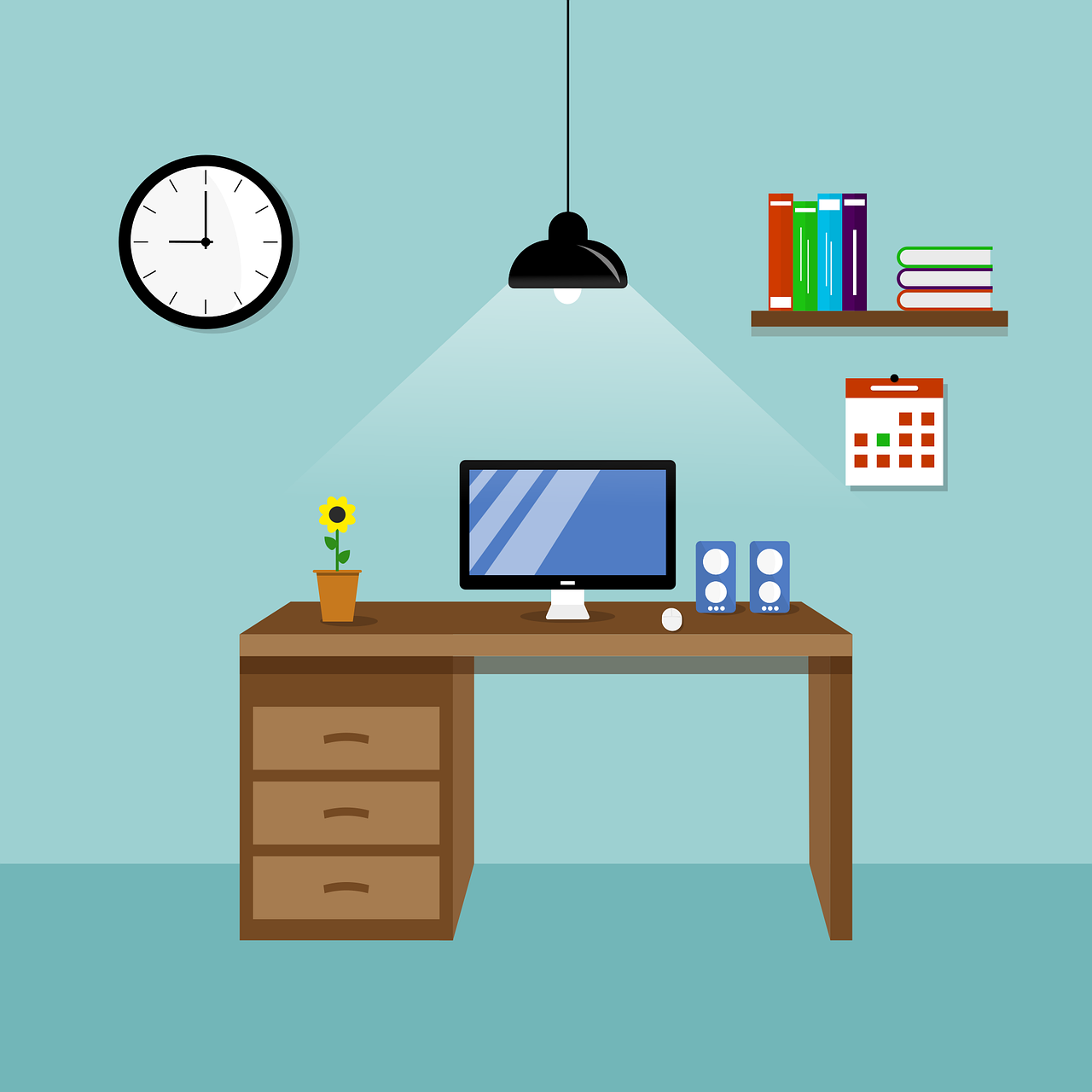 cartoon study desk set up with revision timetable on the wall