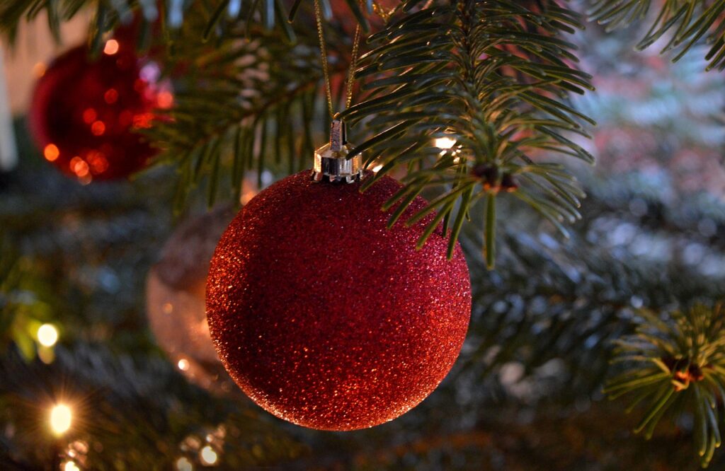 Christmas tree with bauble on it during school holidays